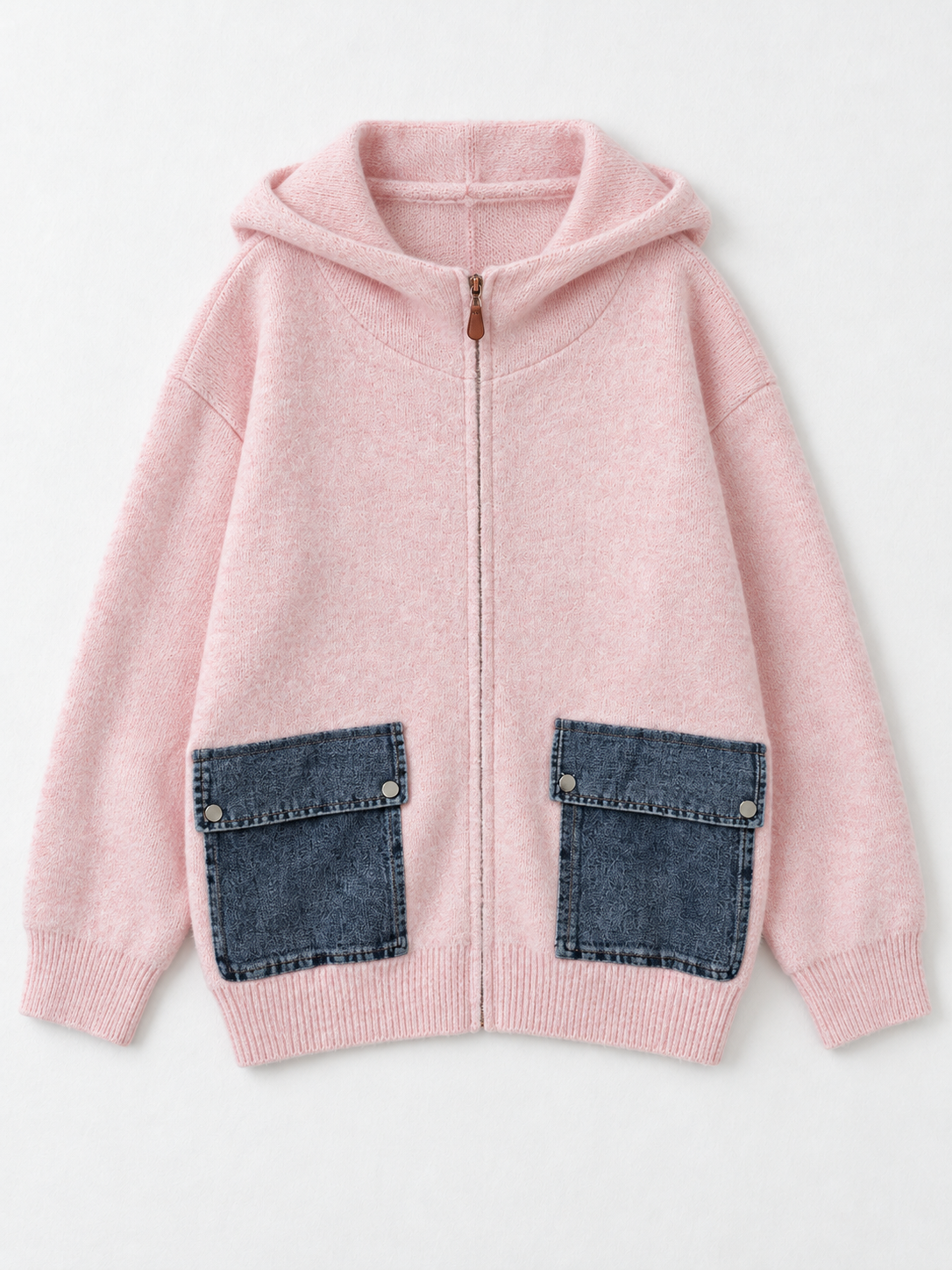 Hooded Denim-Pocket Knit Jacket