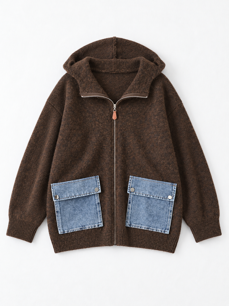 Hooded Denim-Pocket Knit Jacket