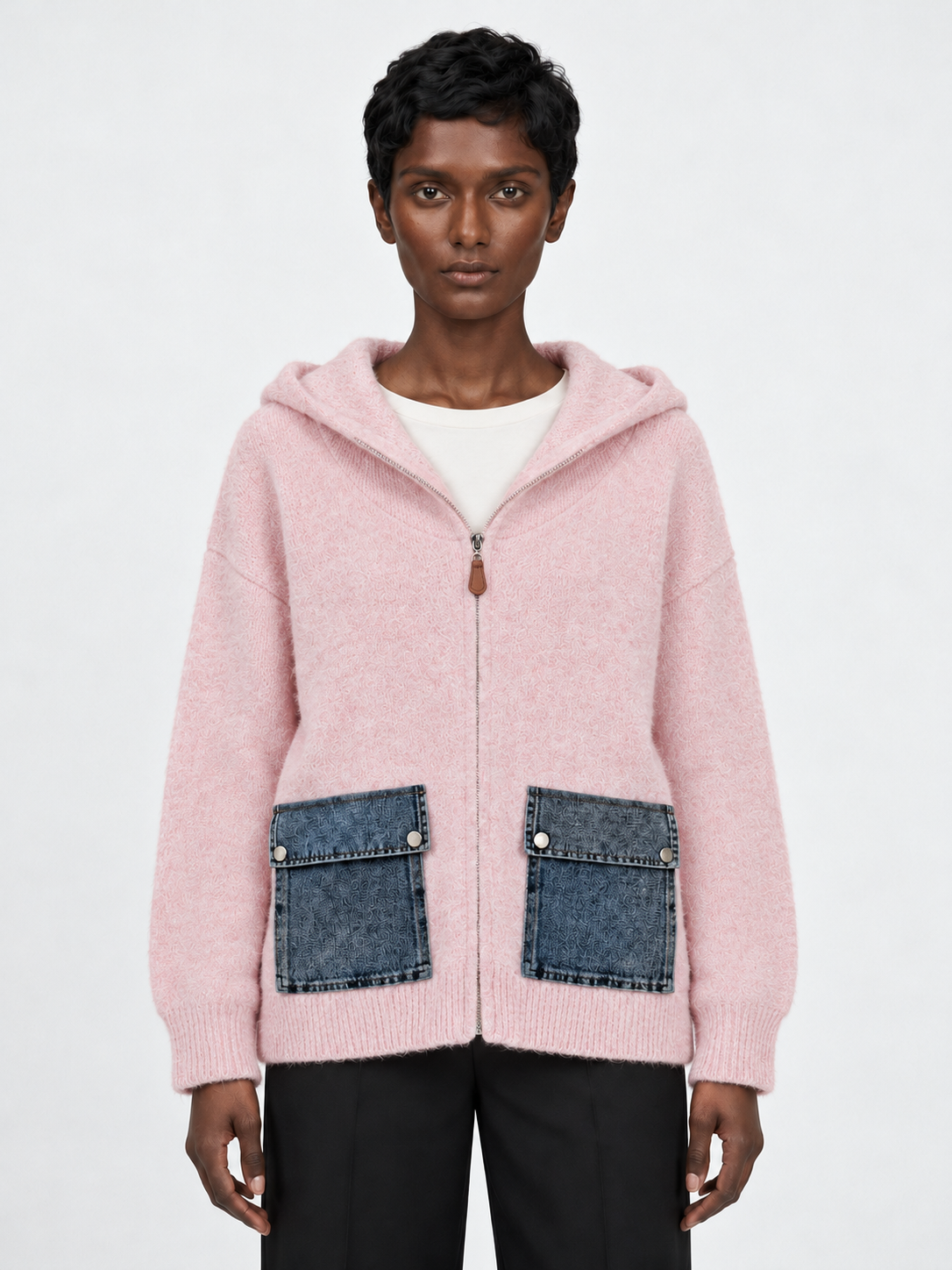 Hooded Denim-Pocket Knit Jacket