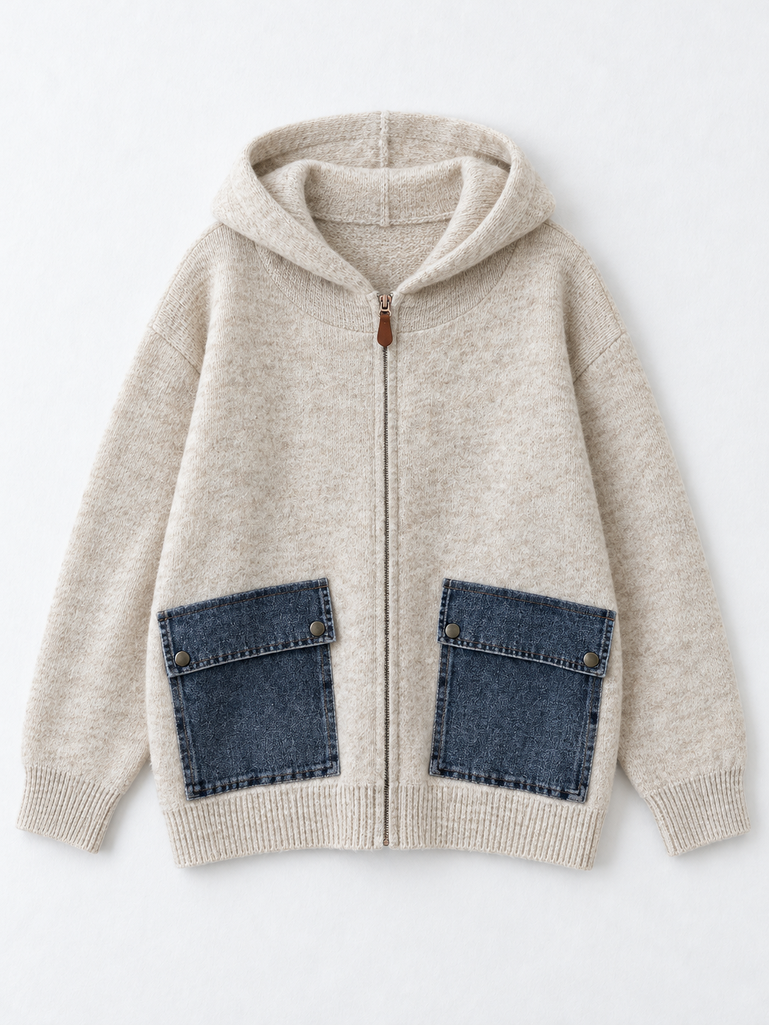 Hooded Denim-Pocket Knit Jacket