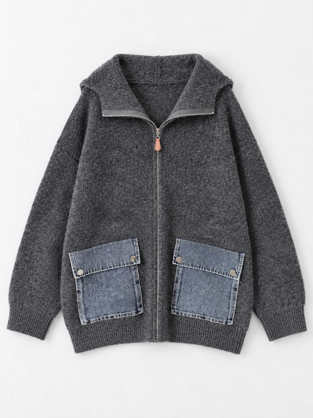 Hooded Denim-Pocket Knit Jacket