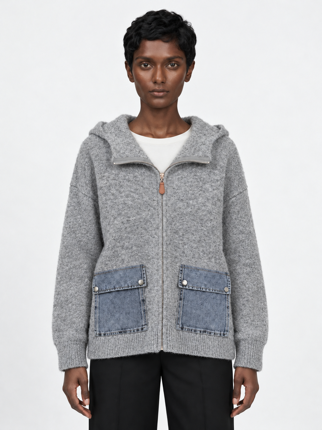 Hooded Denim-Pocket Knit Jacket