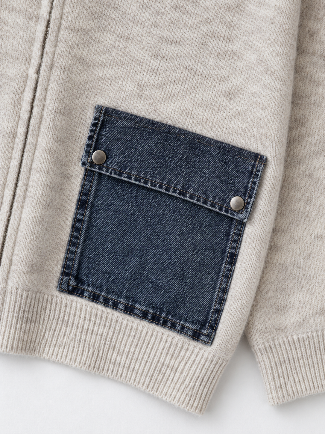 Hooded Denim-Pocket Knit Jacket