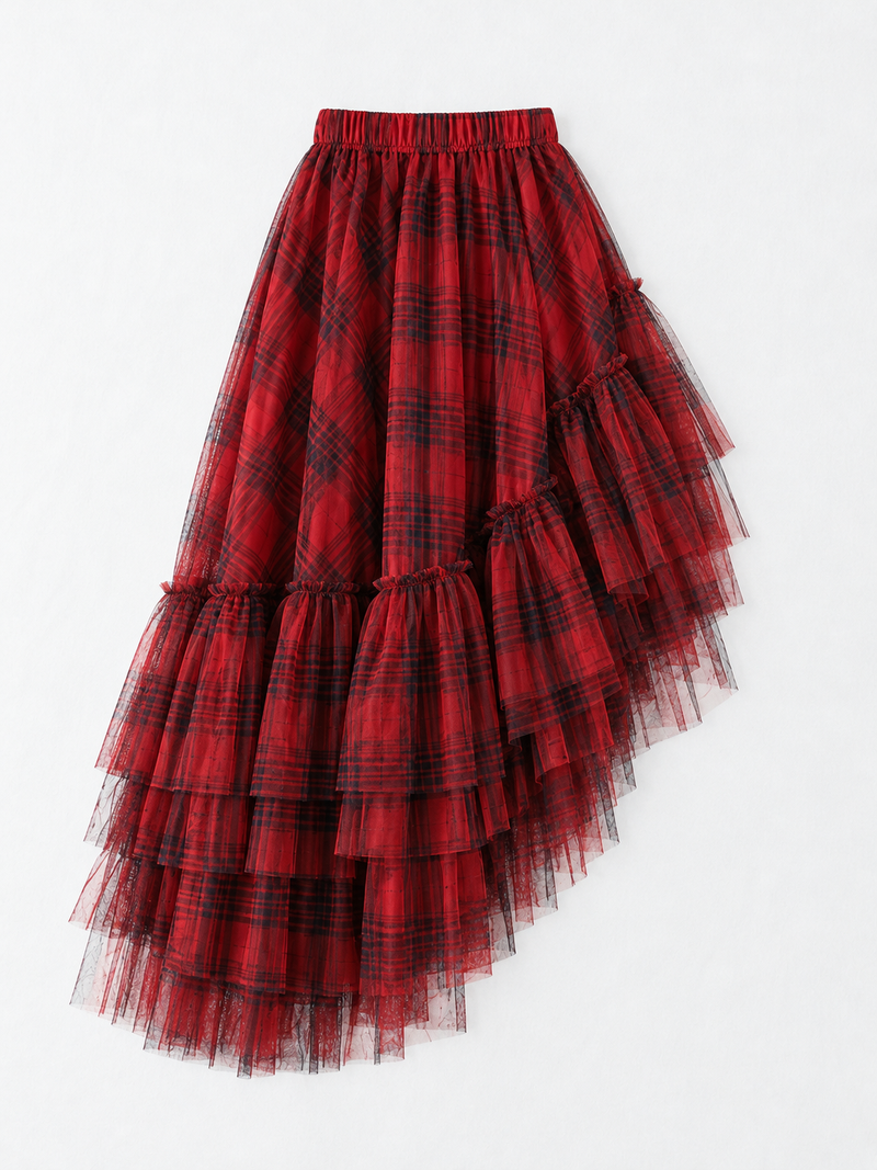 Plaid Mesh Cascade Skirt