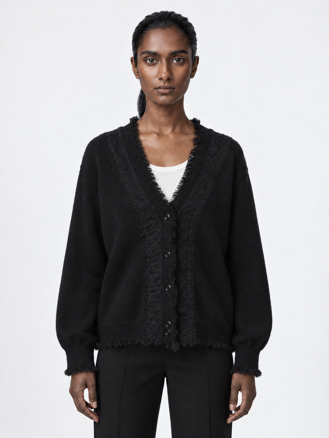 Fringe-Edge V-Neck Cardigan