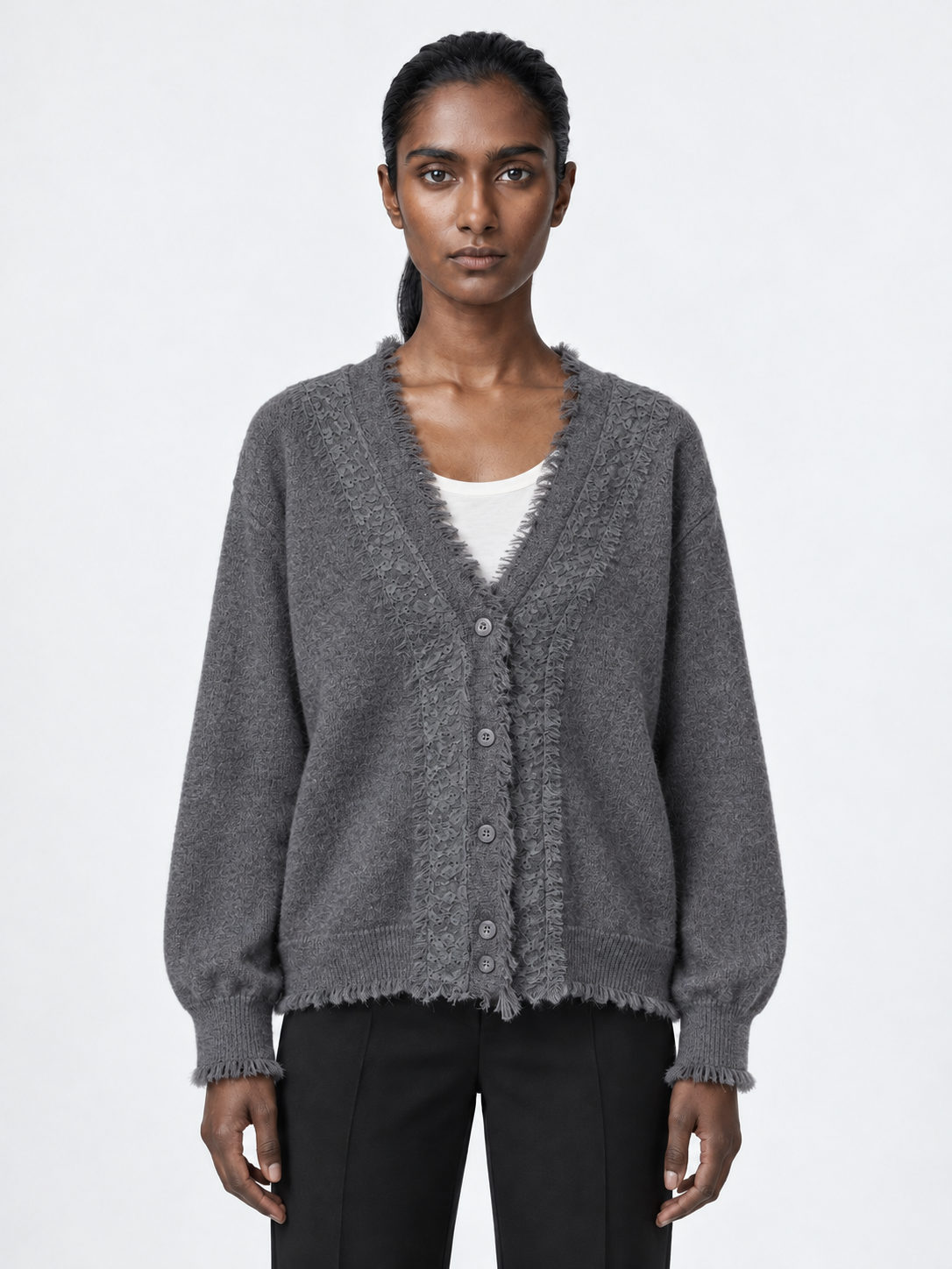 Fringe-Edge V-Neck Cardigan