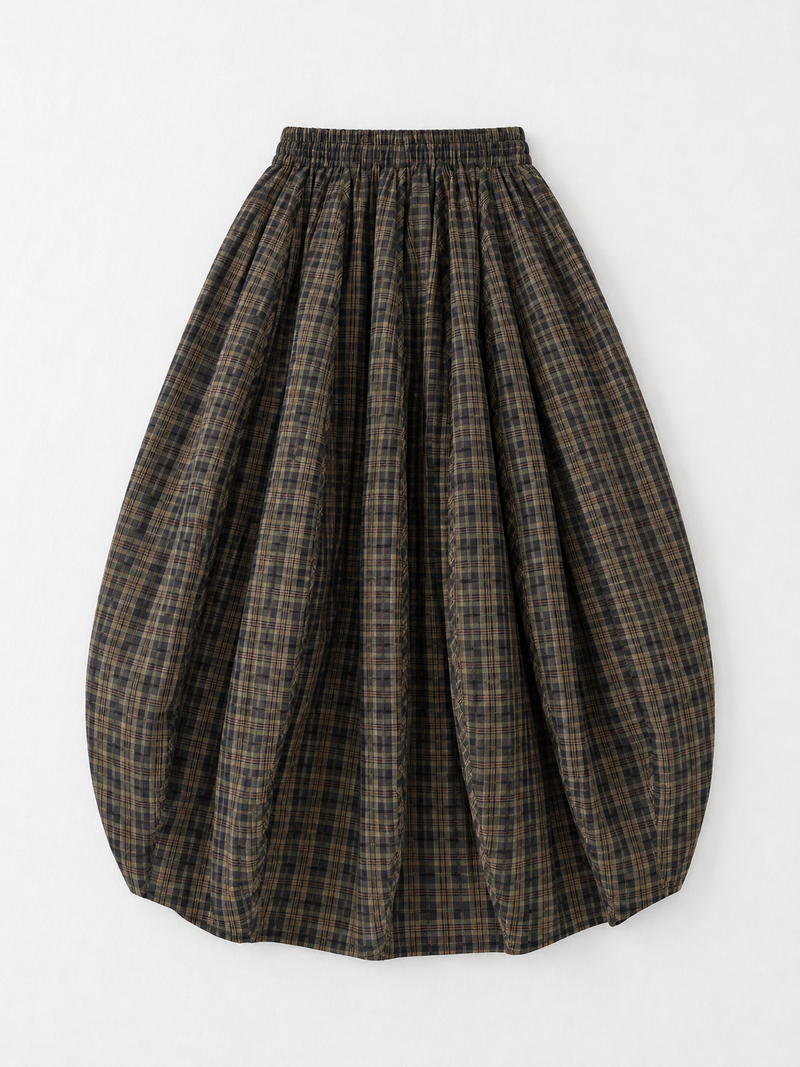 Plaid Balloon Midi Skirt