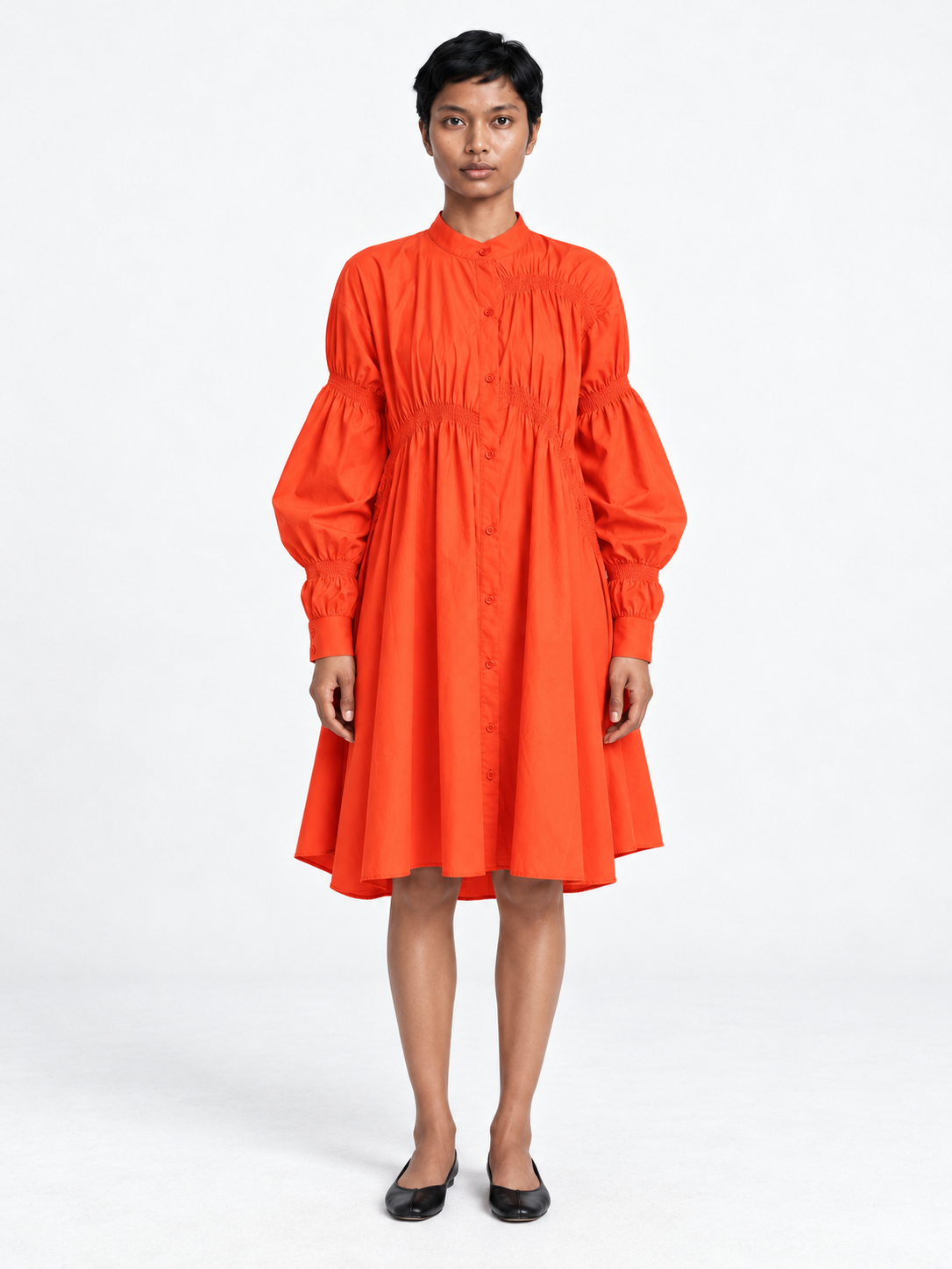 Smocked Panel Shirt Dress