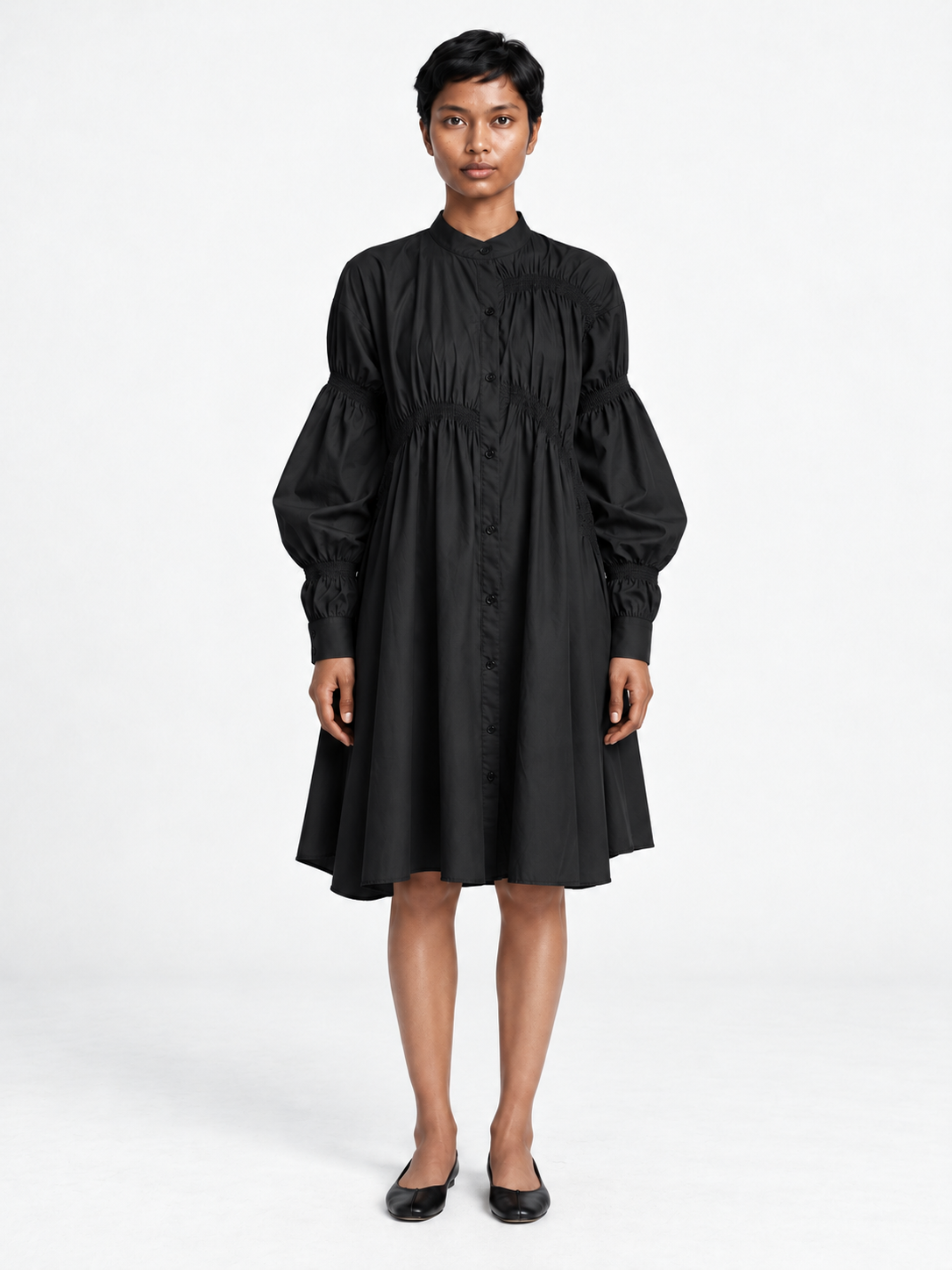 Smocked Panel Shirt Dress