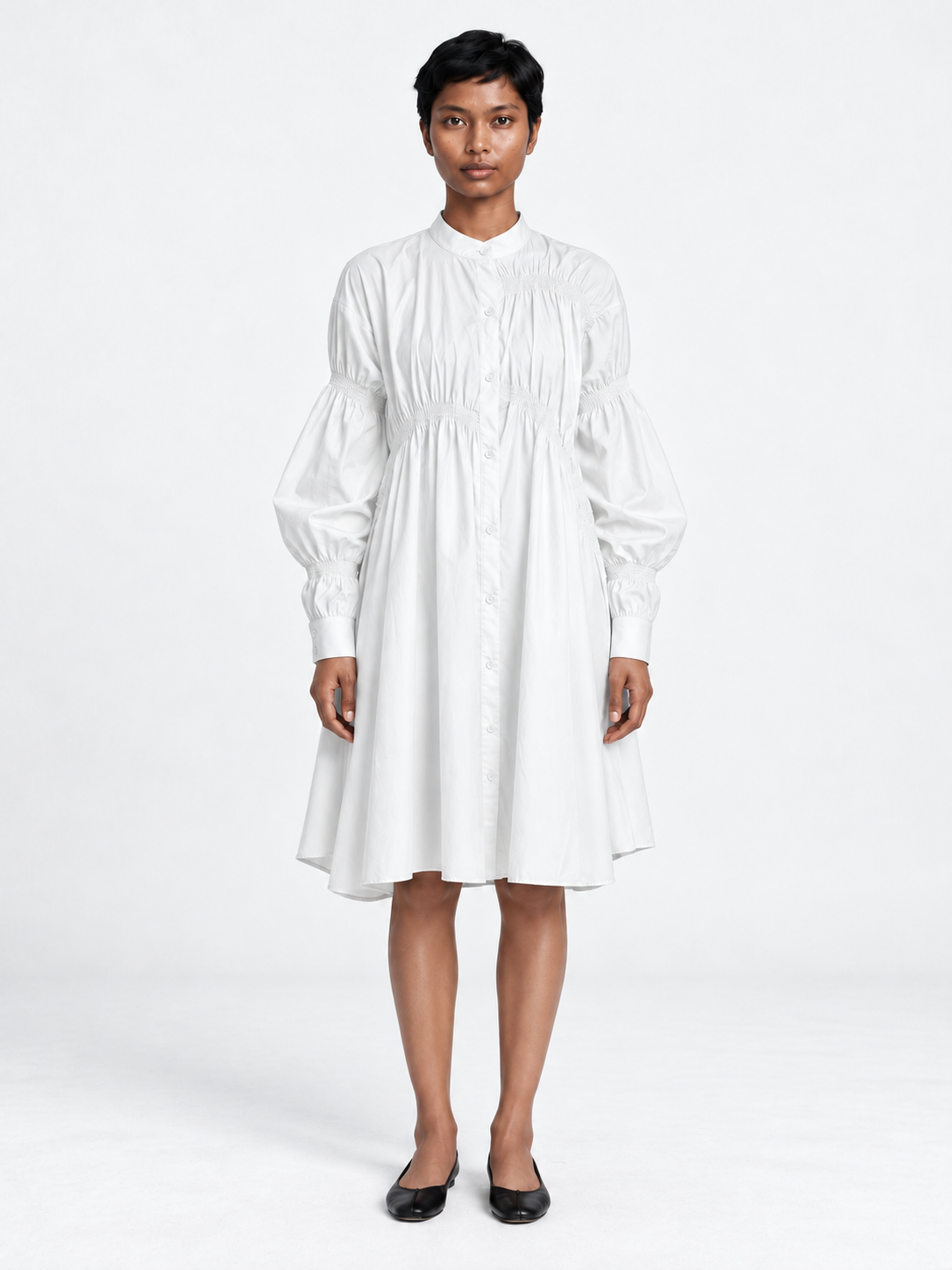 Smocked Panel Shirt Dress