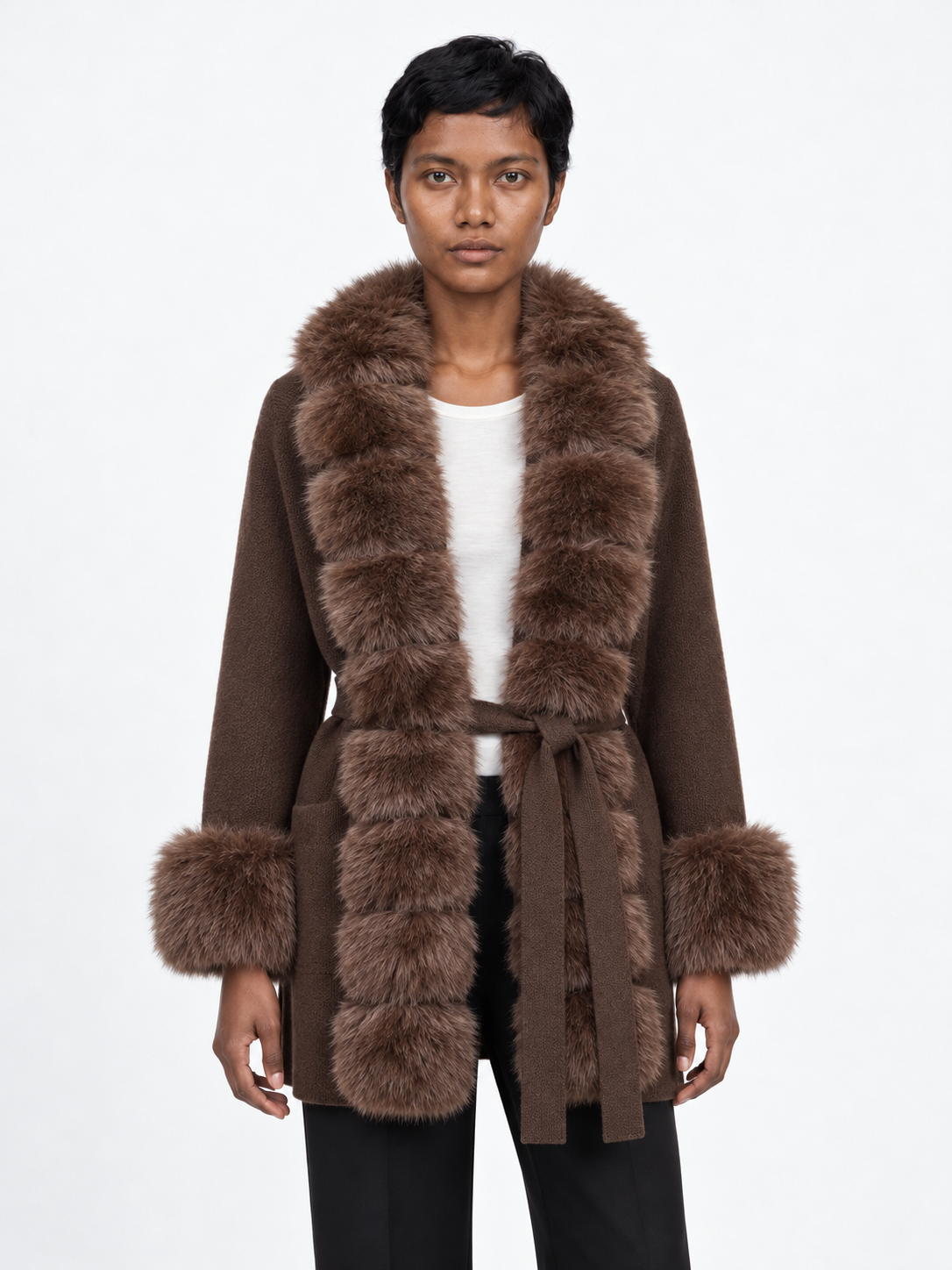 Plush-Trim Belted Cardigan