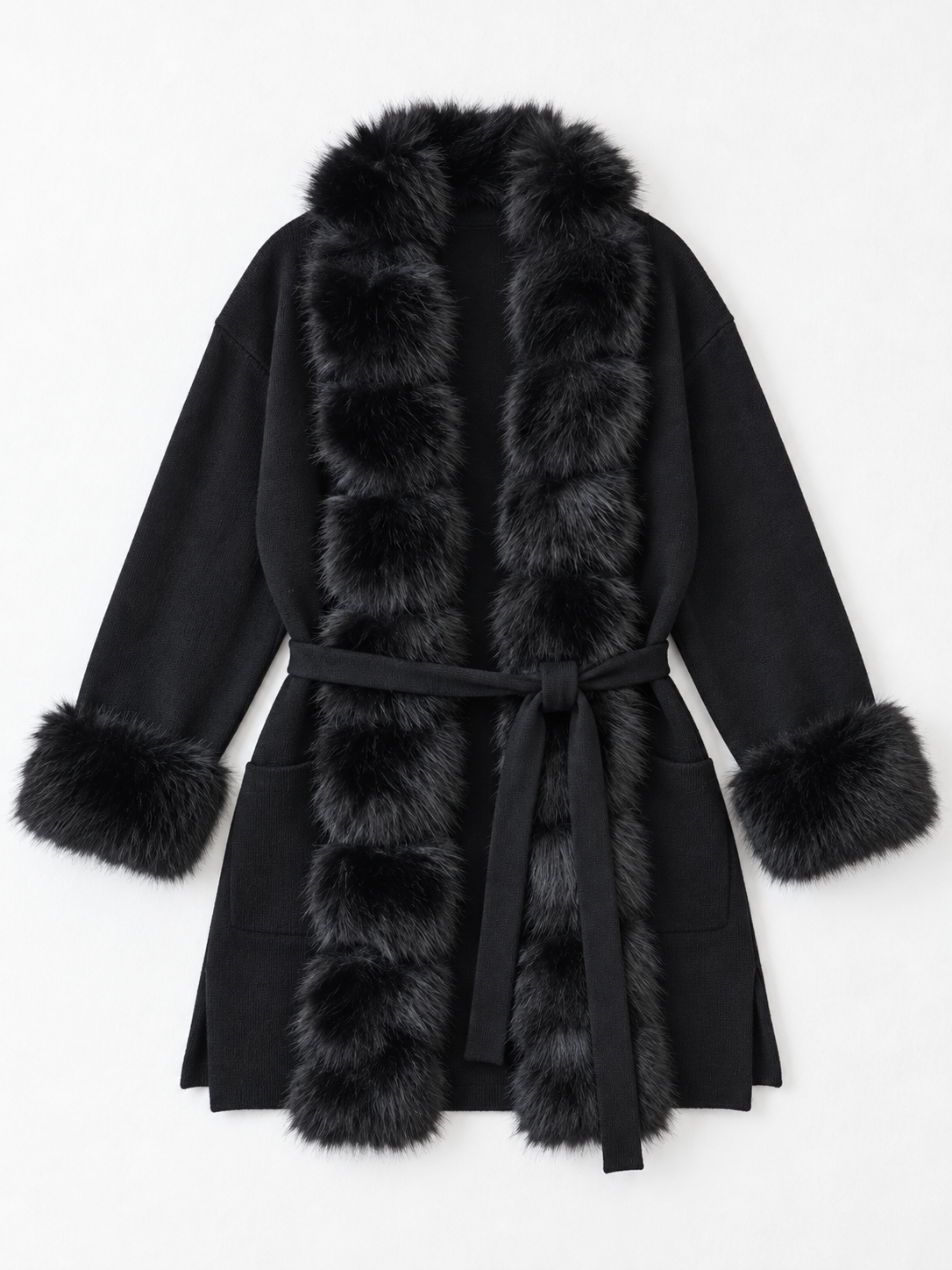 Plush-Trim Belted Cardigan