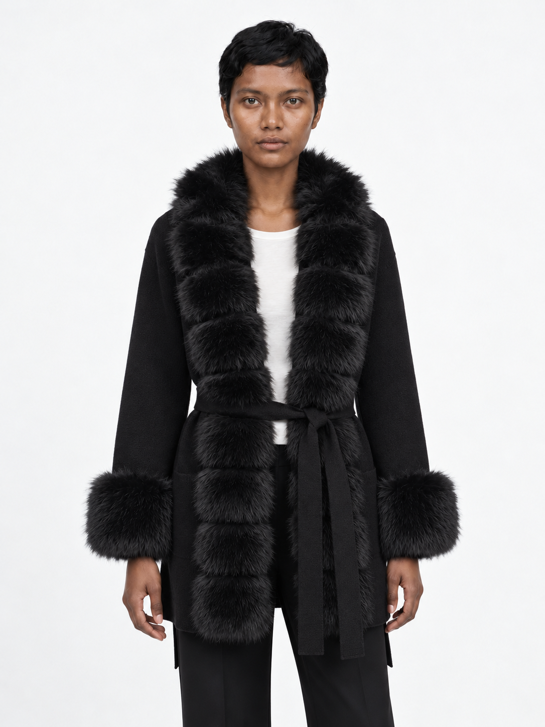 Plush-Trim Belted Cardigan