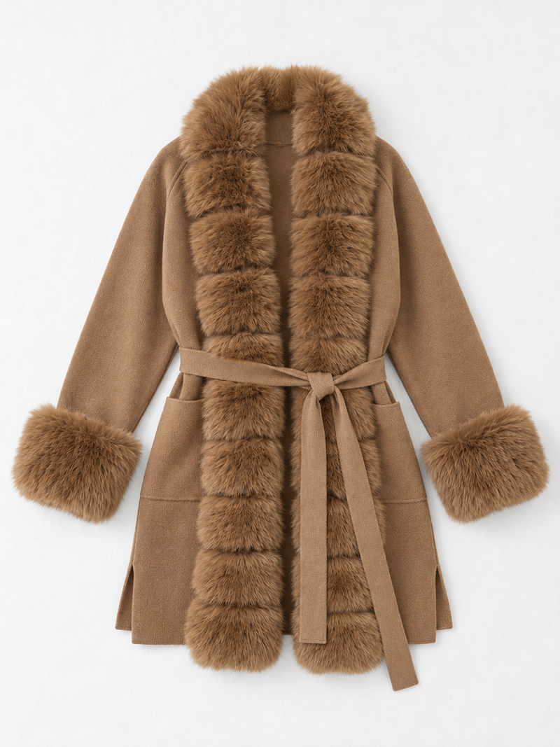 Plush-Trim Belted Cardigan