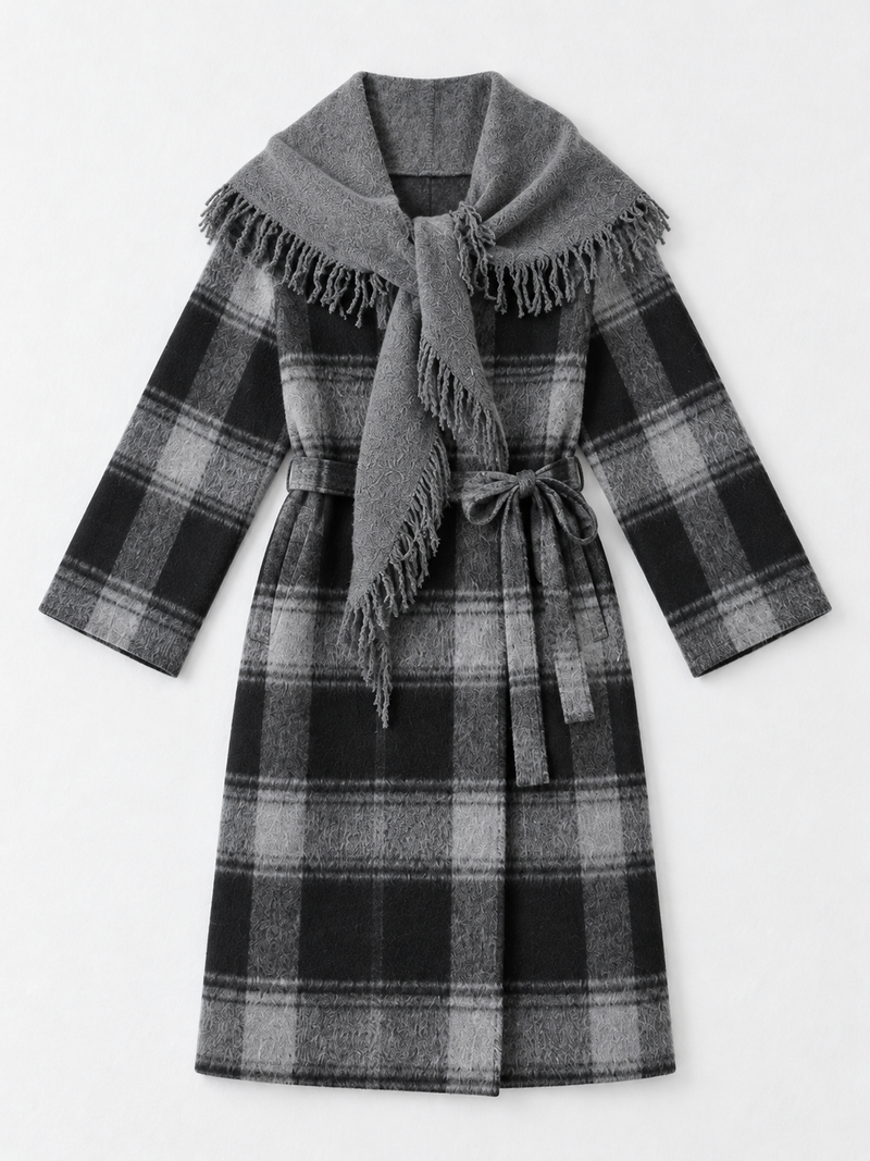 Plaid Scarf-Collar Belted Coat