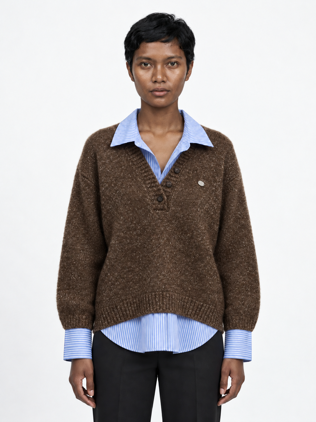 Stripe-Trim Collared Knit Sweater
