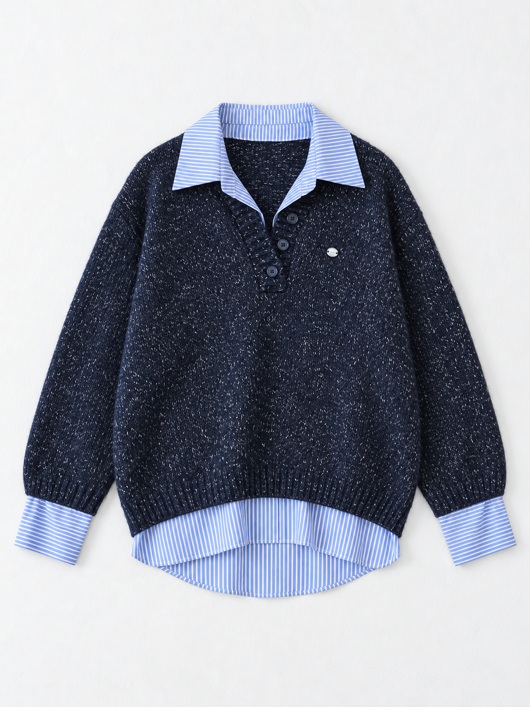 Stripe-Trim Collared Knit Sweater
