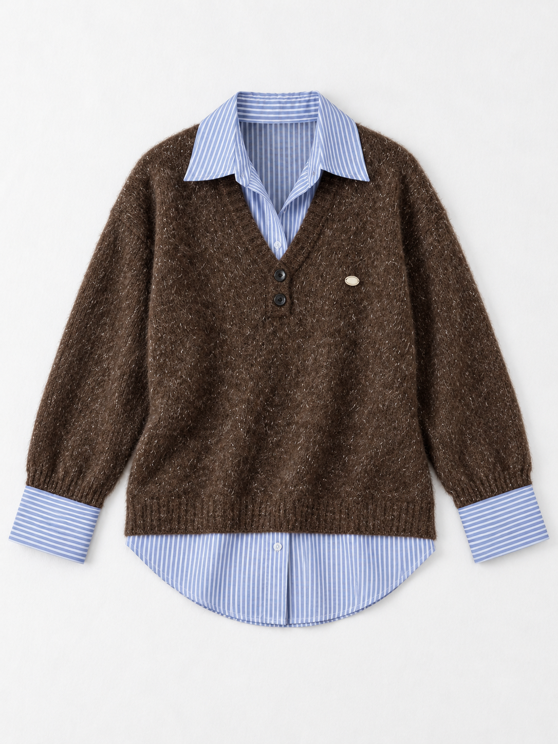 Stripe-Trim Collared Knit Sweater