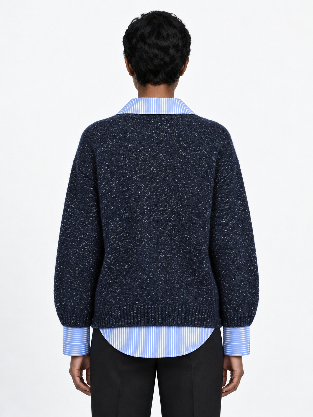 Stripe-Trim Collared Knit Sweater