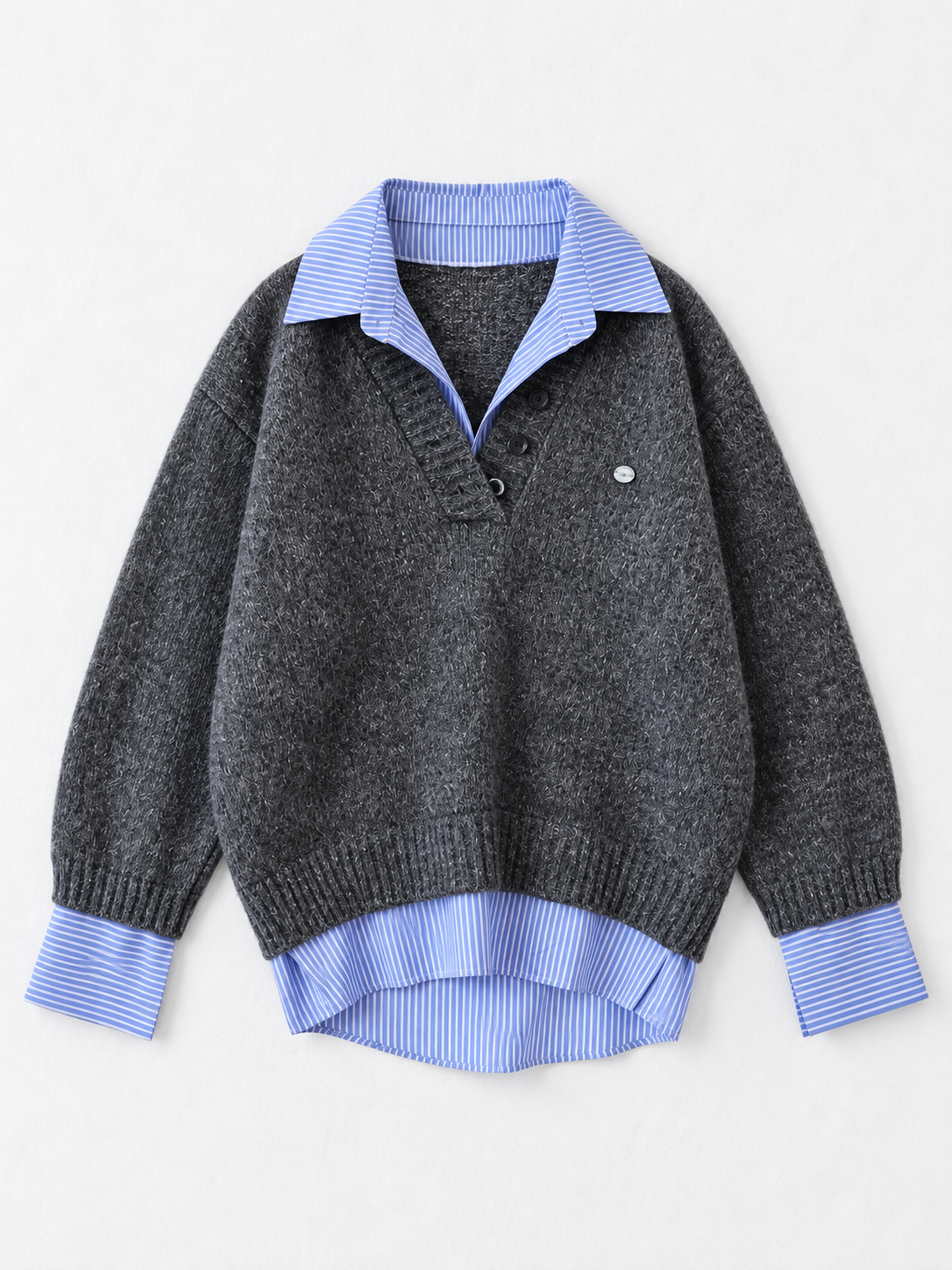 Stripe-Trim Collared Knit Sweater