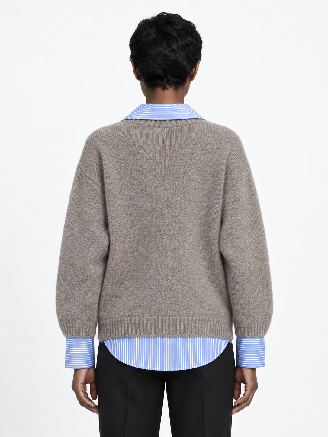 Stripe-Trim Collared Knit Sweater