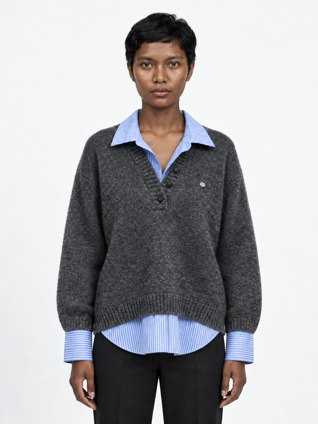 Stripe-Trim Collared Knit Sweater