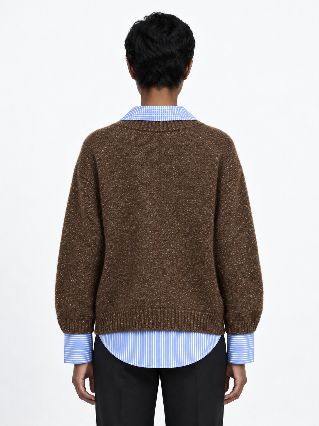 Stripe-Trim Collared Knit Sweater