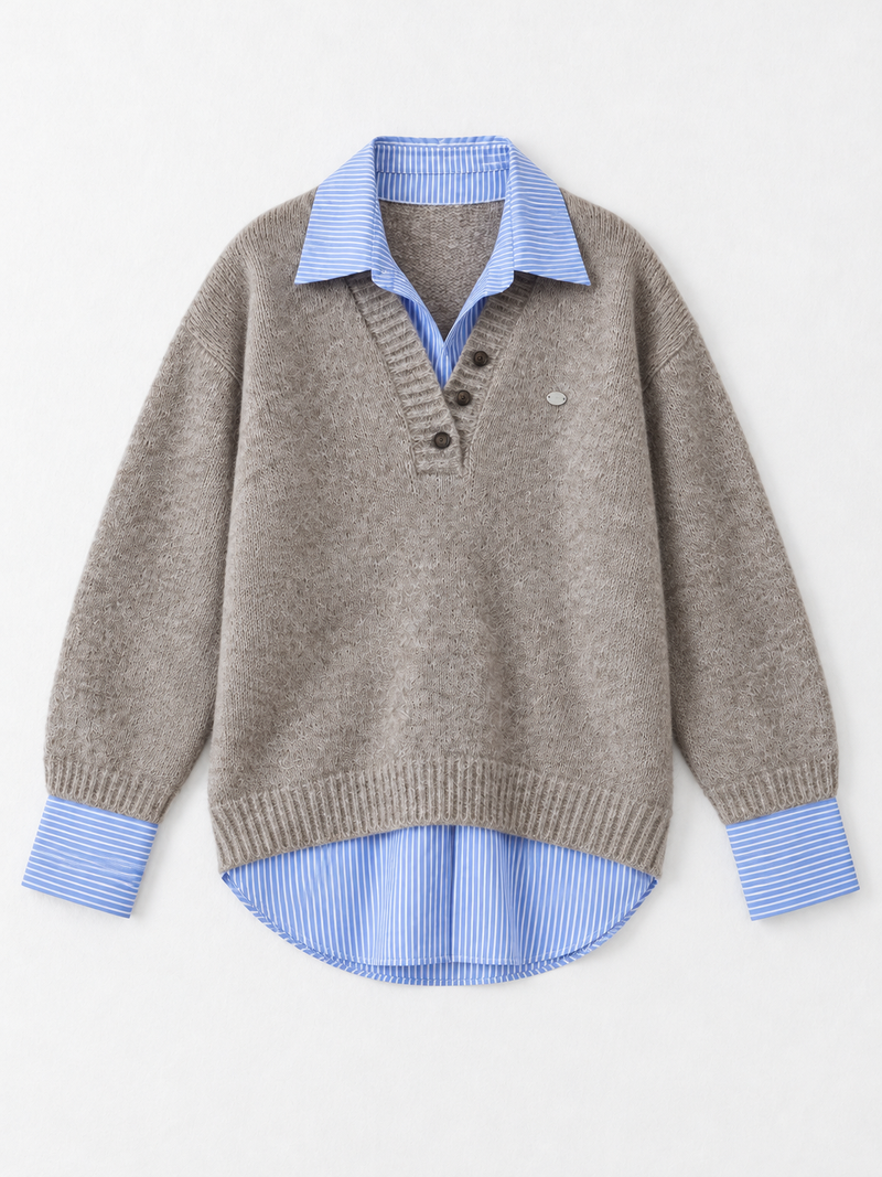 Stripe-Trim Collared Knit Sweater