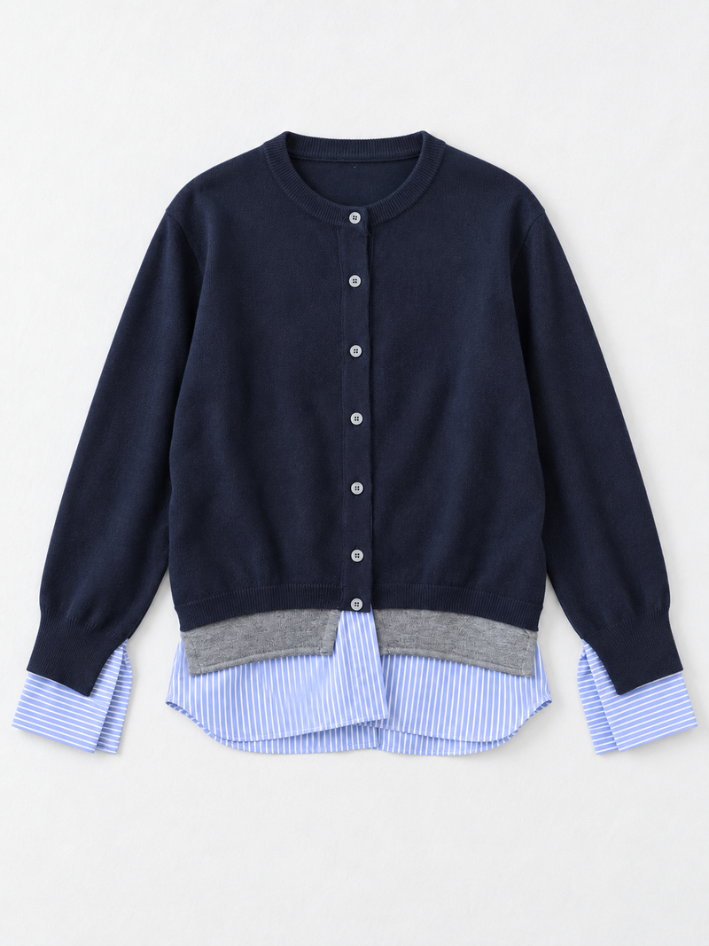 Stripe-Trim Crewneck Cardigan