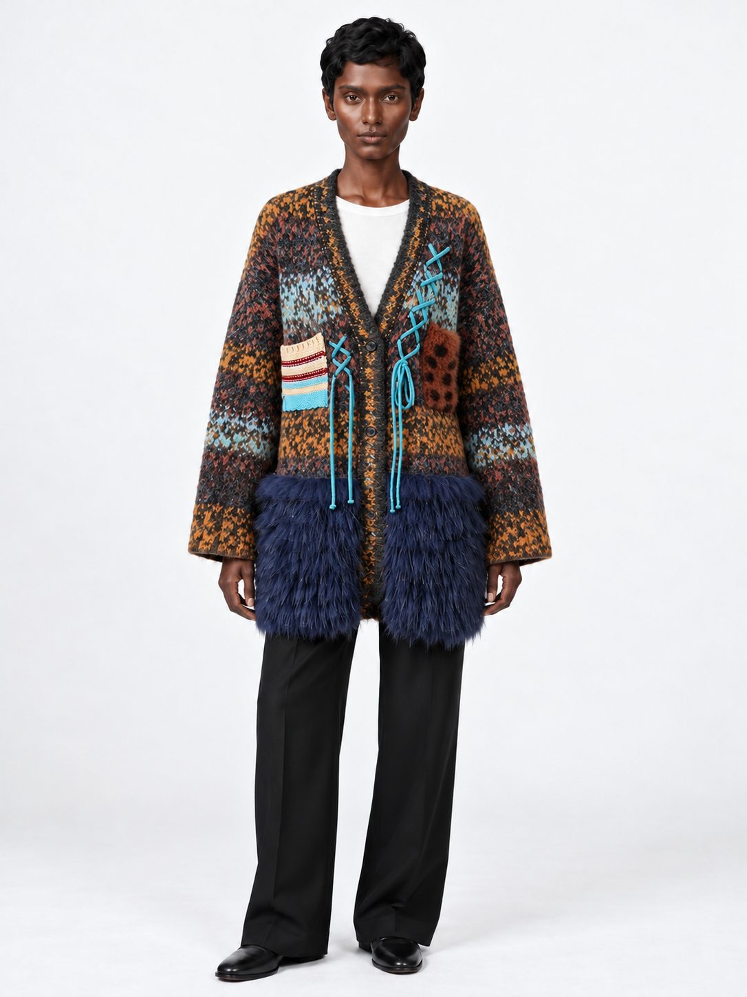 Mixed-Knit Plush-Panel Cardigan