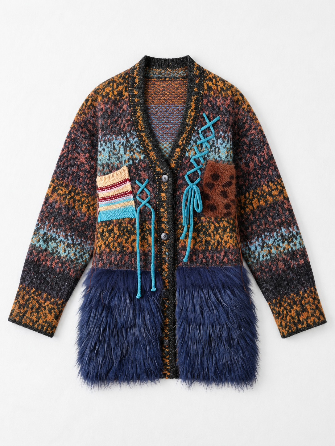 Mixed-Knit Plush-Panel Cardigan