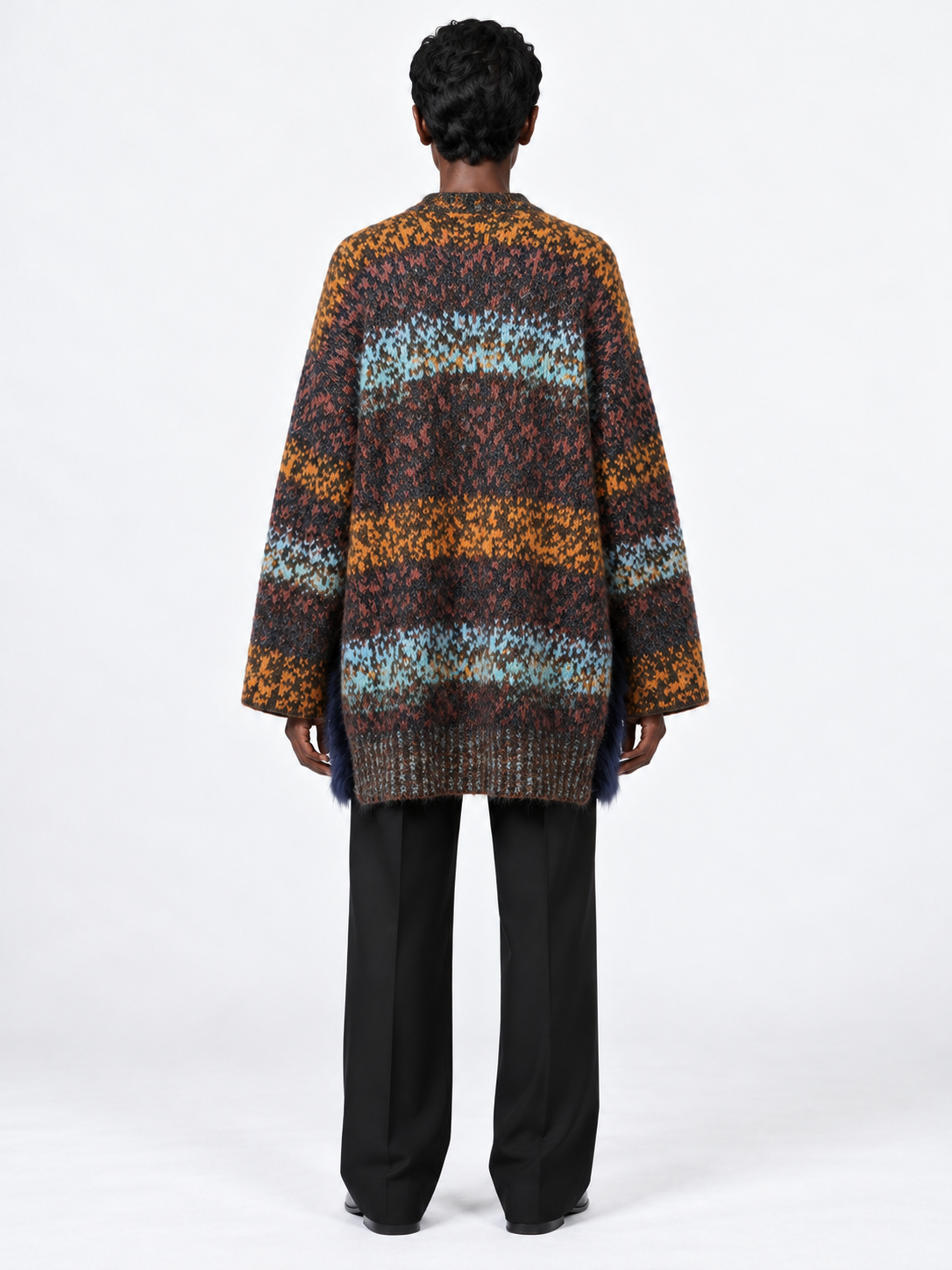 Mixed-Knit Plush-Panel Cardigan