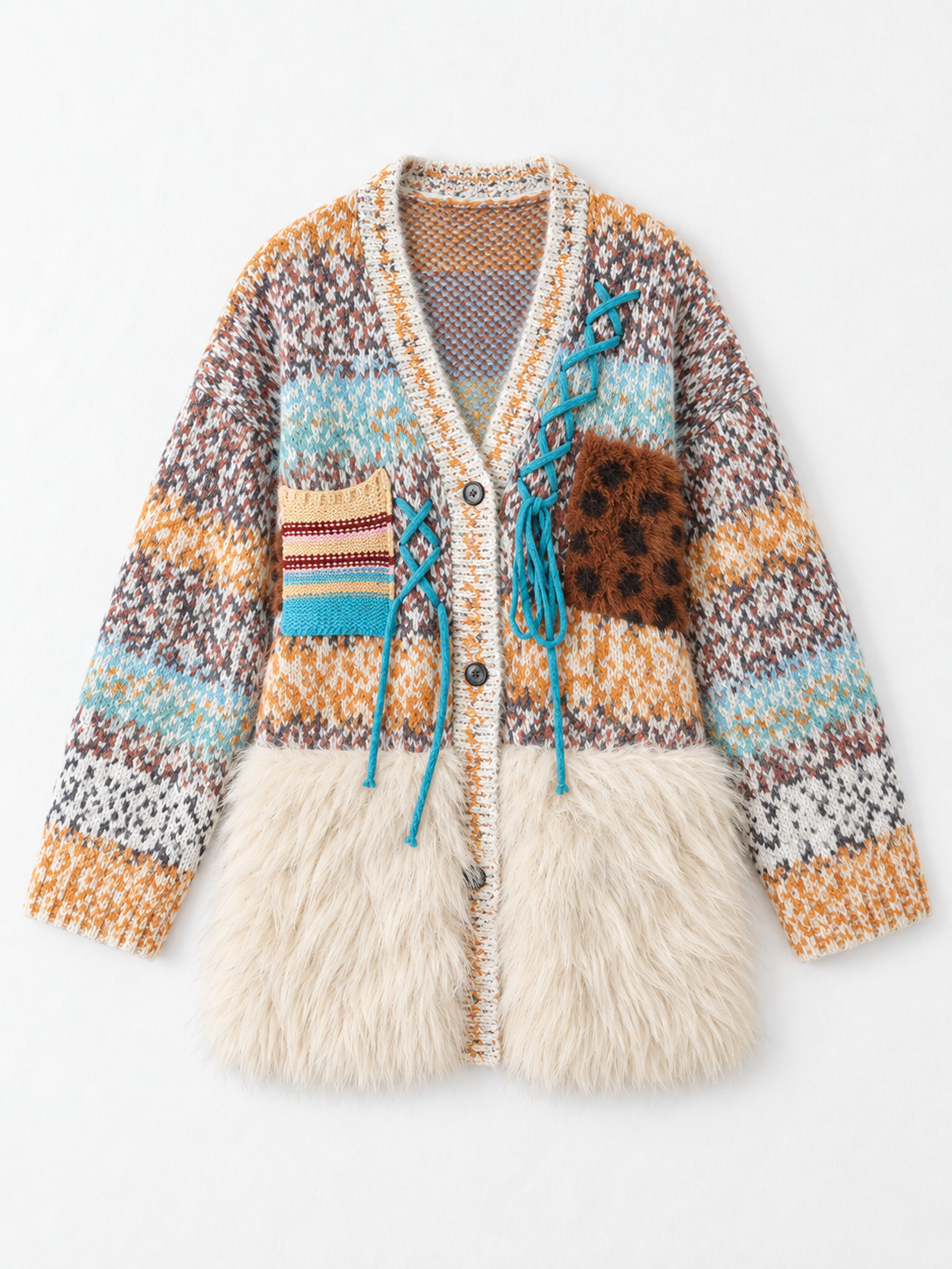 Mixed-Knit Plush-Panel Cardigan