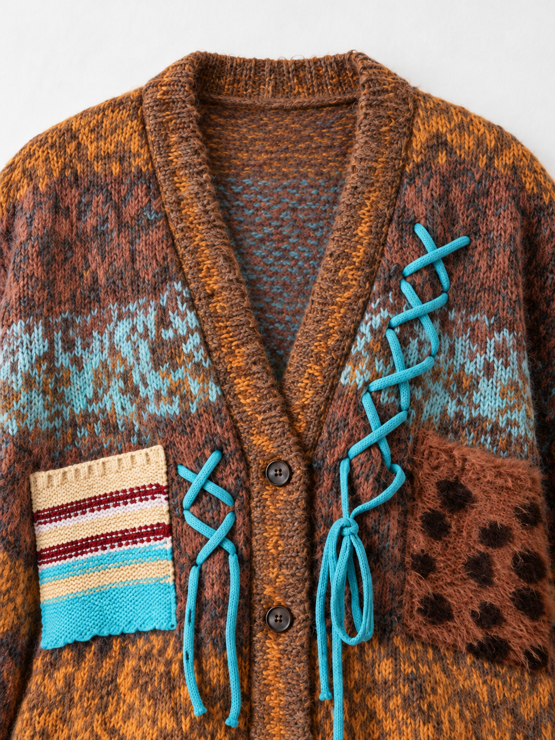 Mixed-Knit Plush-Panel Cardigan
