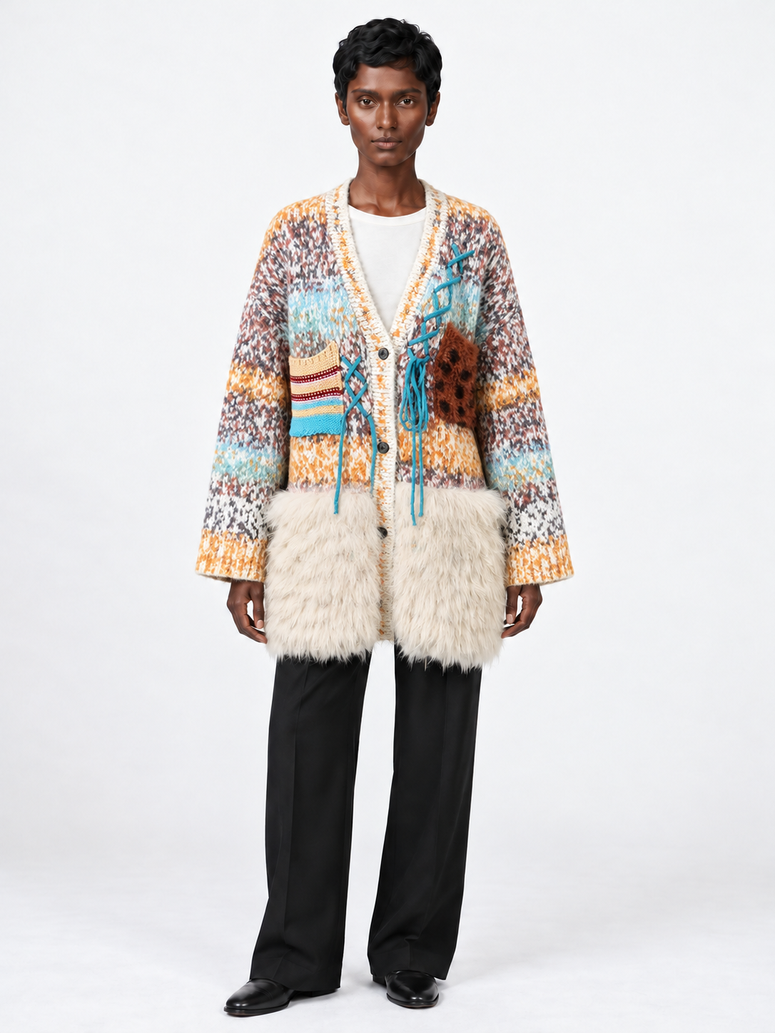 Mixed-Knit Plush-Panel Cardigan
