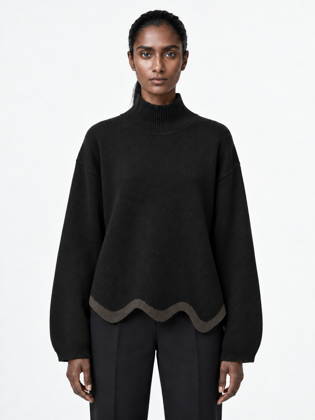 Contrast Wave-Hem Sweater