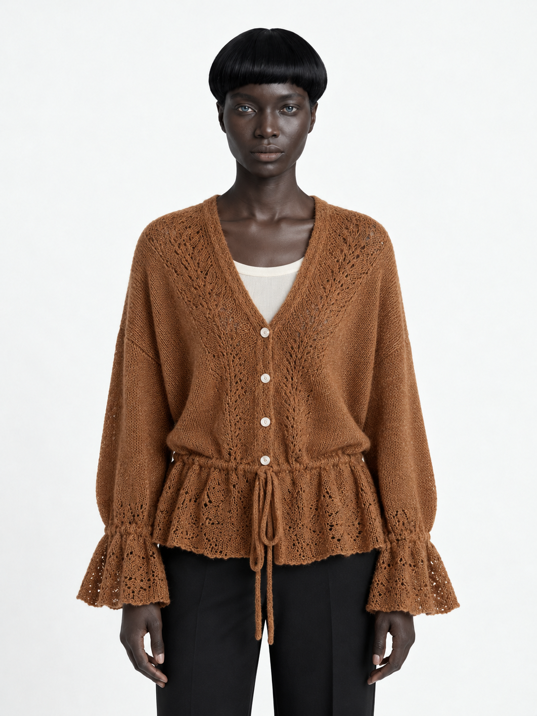 Drawstring Peplum Knit Cardigan