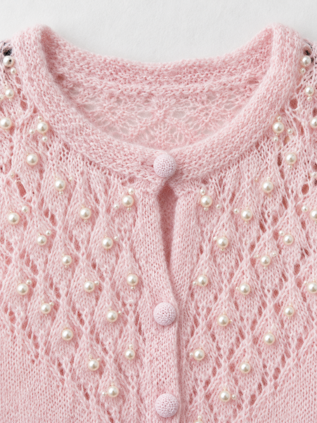 Beaded Mesh-Hem Knit Cardigan
