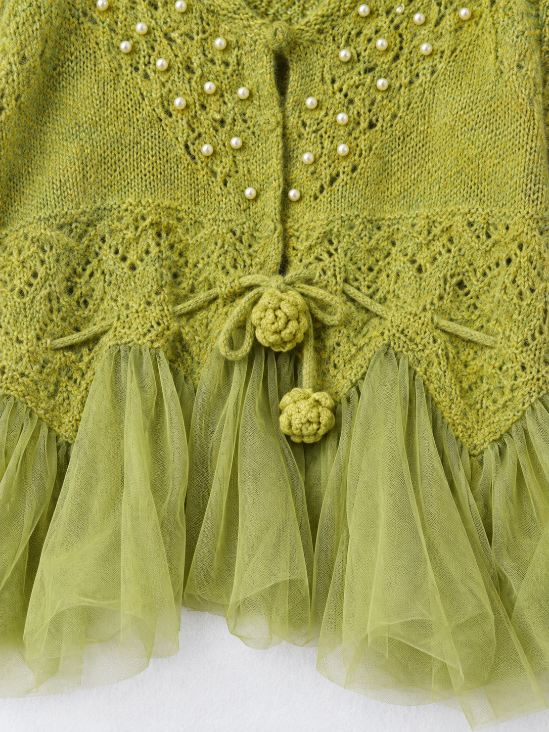 Beaded Mesh-Hem Knit Cardigan