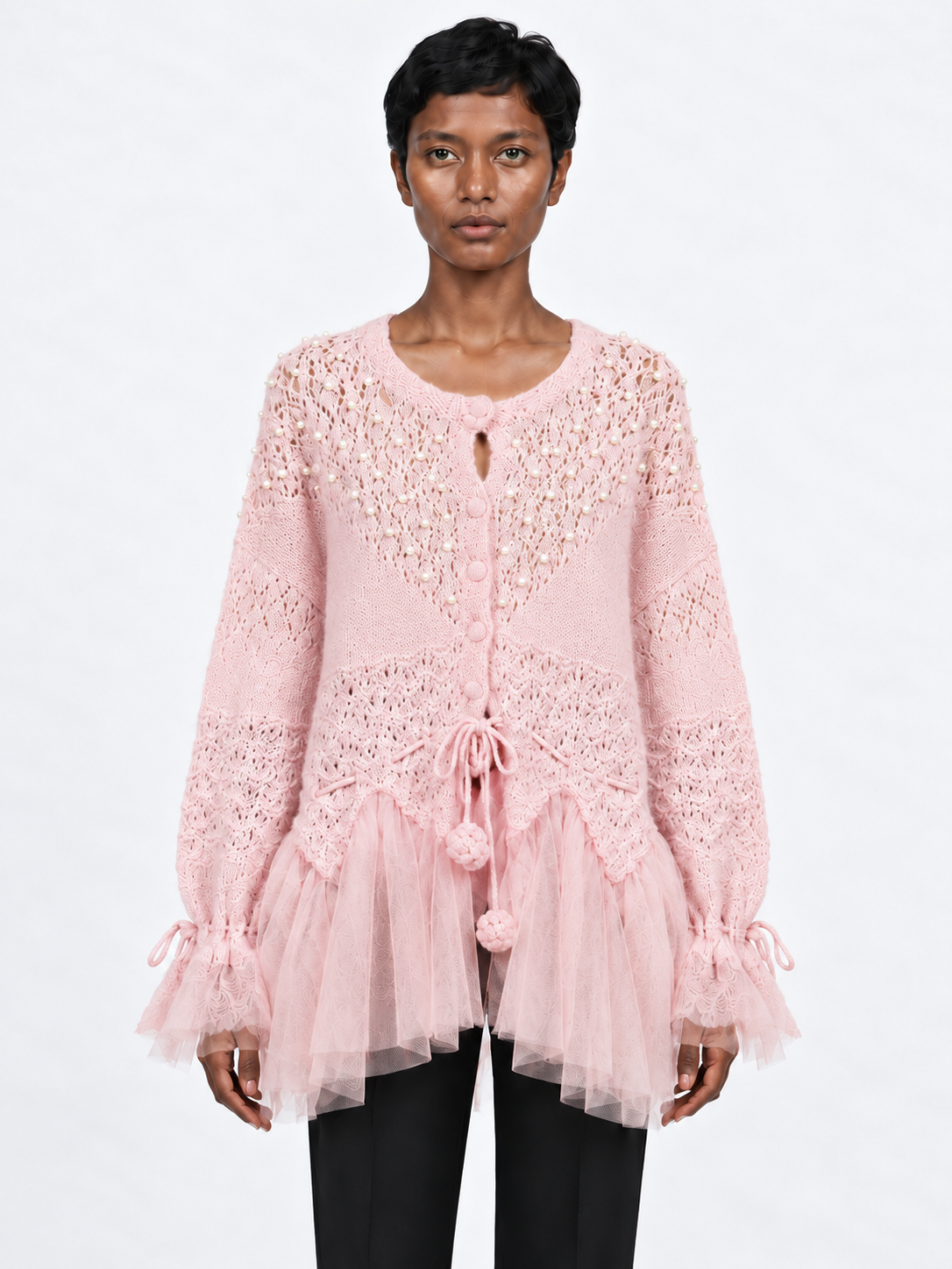 Beaded Mesh-Hem Knit Cardigan