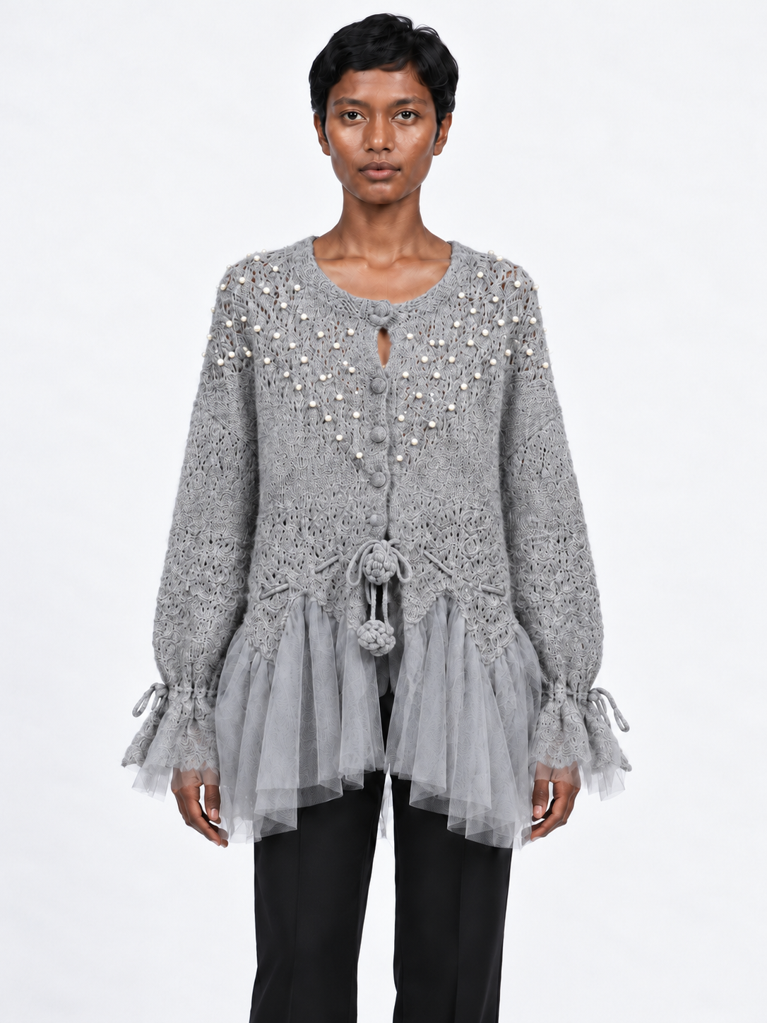 Beaded Mesh-Hem Knit Cardigan