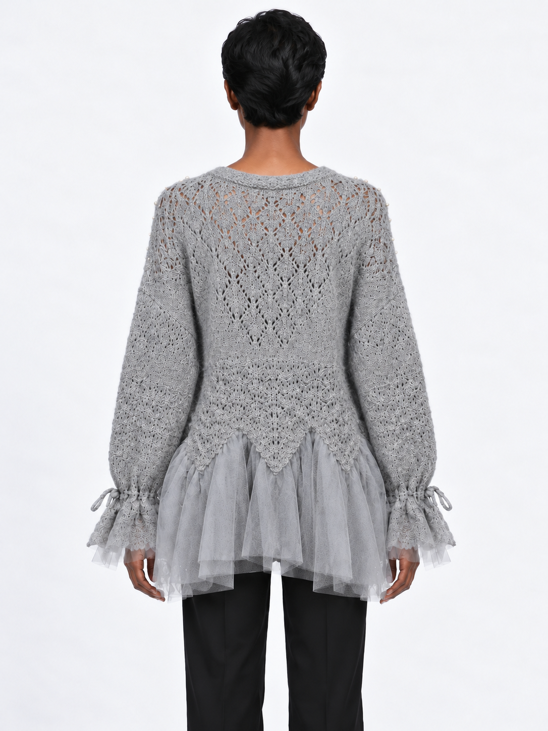Beaded Mesh-Hem Knit Cardigan