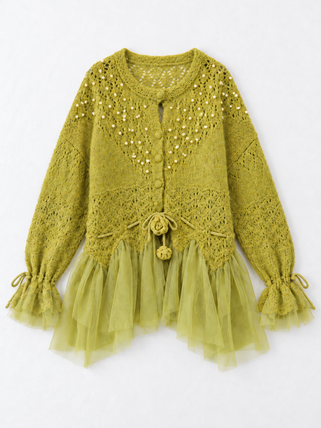 Beaded Mesh-Hem Knit Cardigan