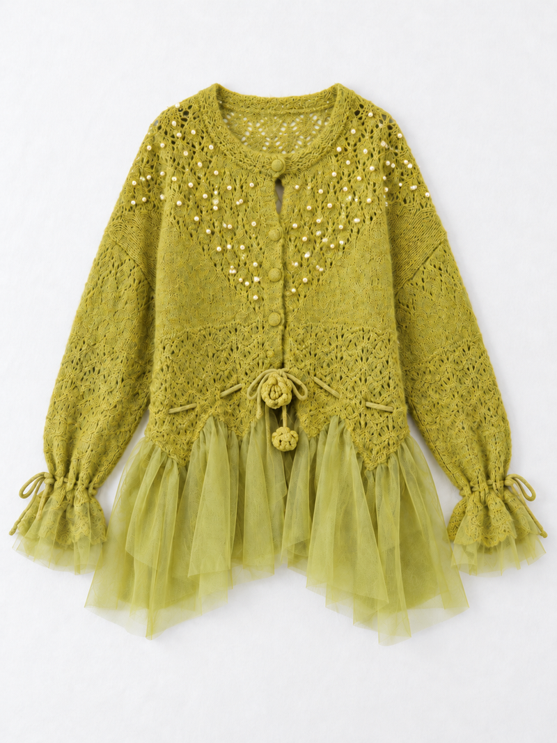 Beaded Mesh-Hem Knit Cardigan
