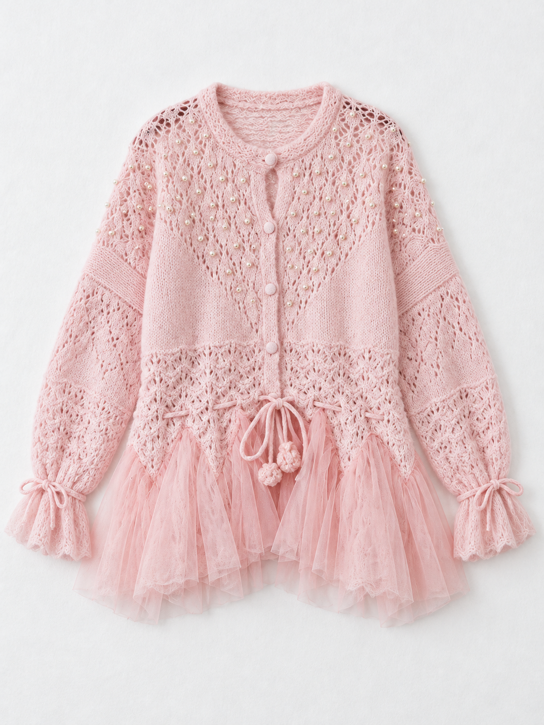 Beaded Mesh-Hem Knit Cardigan