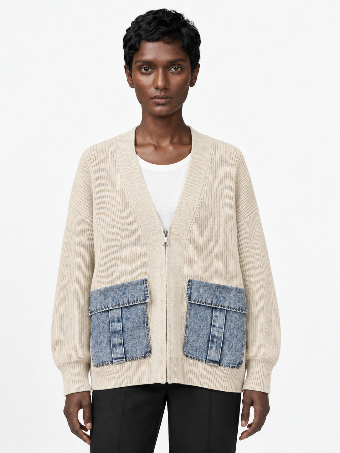 Denim-Pocket V-Neck Zip Cardigan