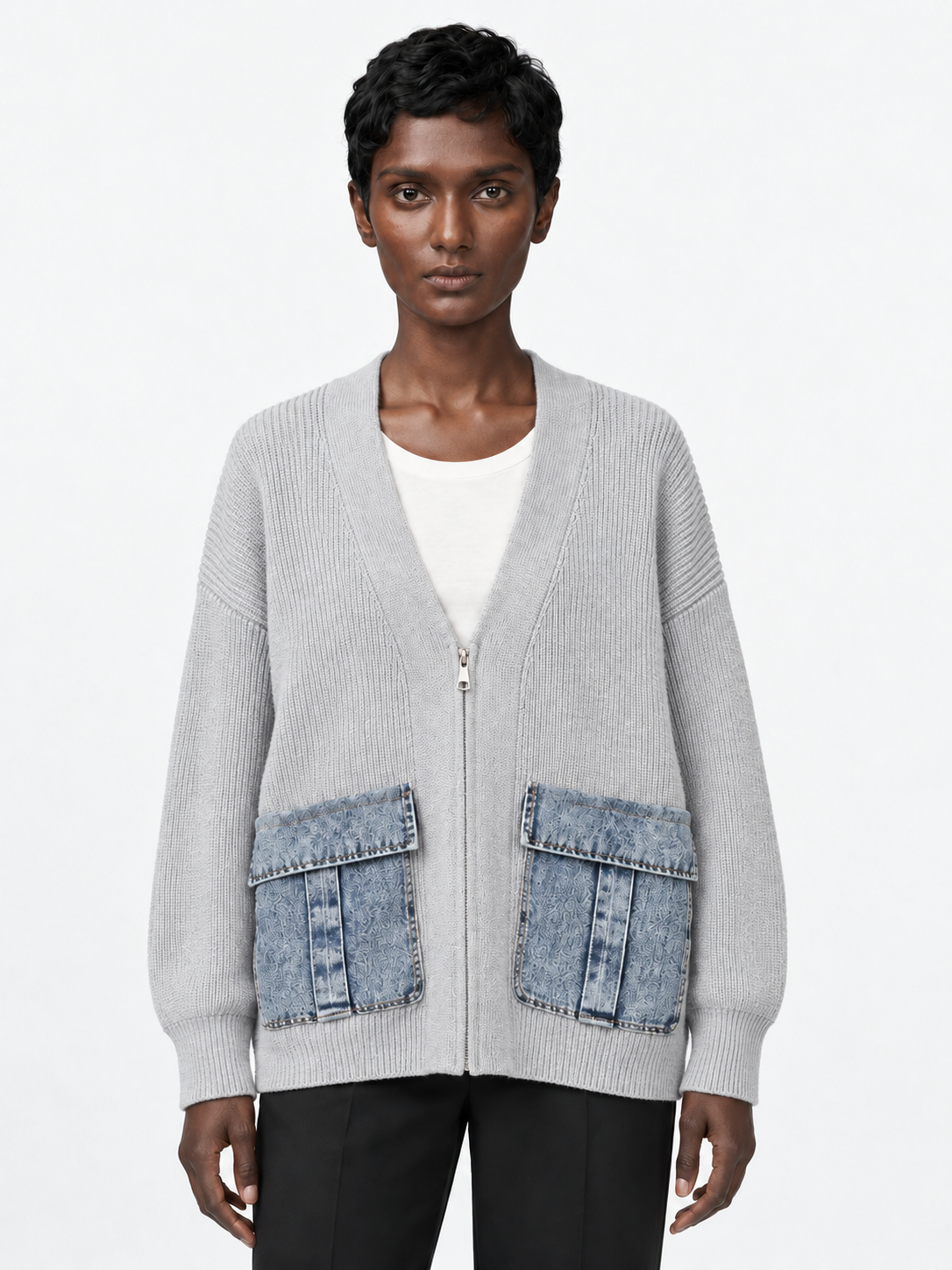 Denim-Pocket V-Neck Zip Cardigan