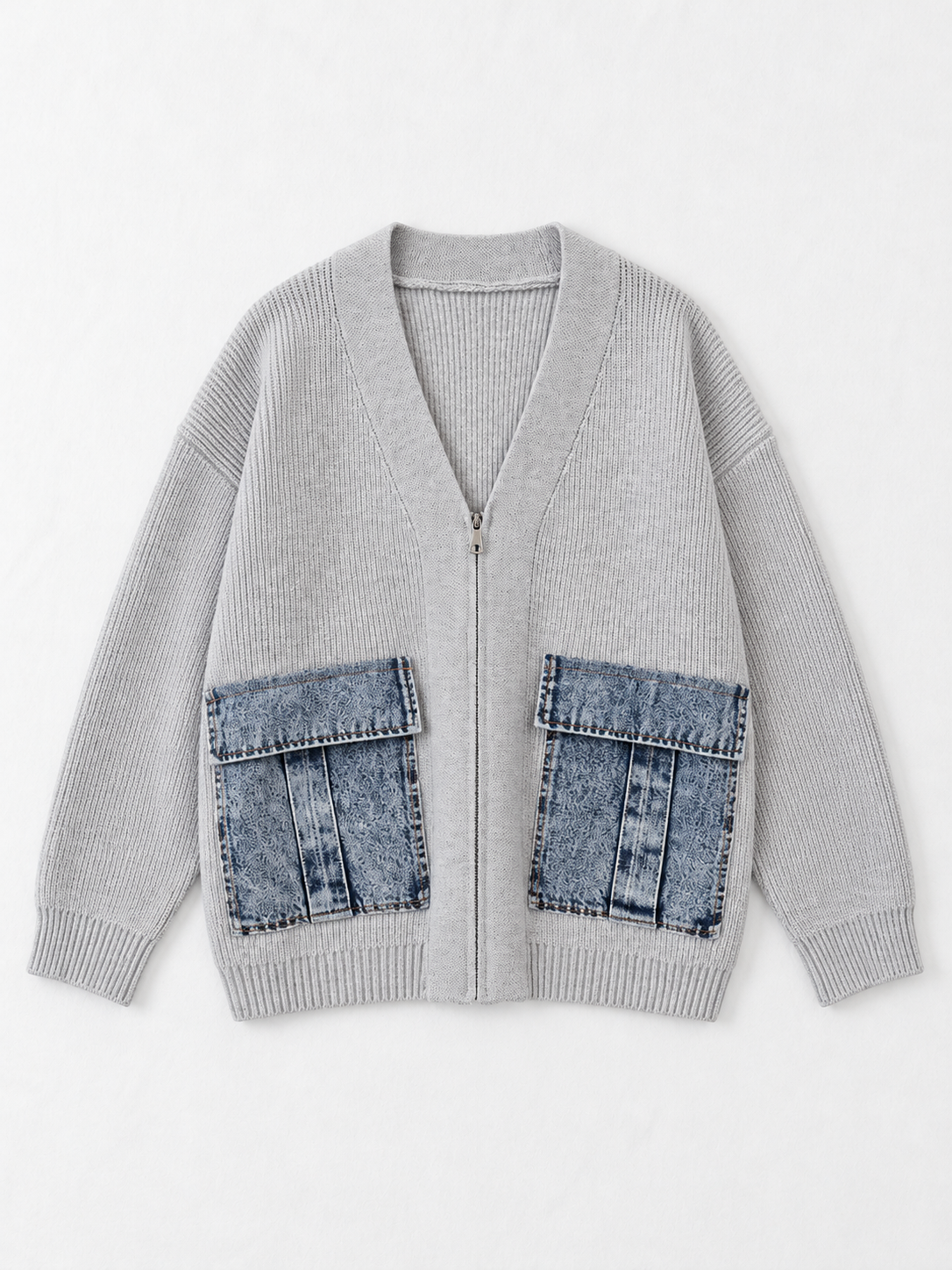 Denim-Pocket V-Neck Zip Cardigan
