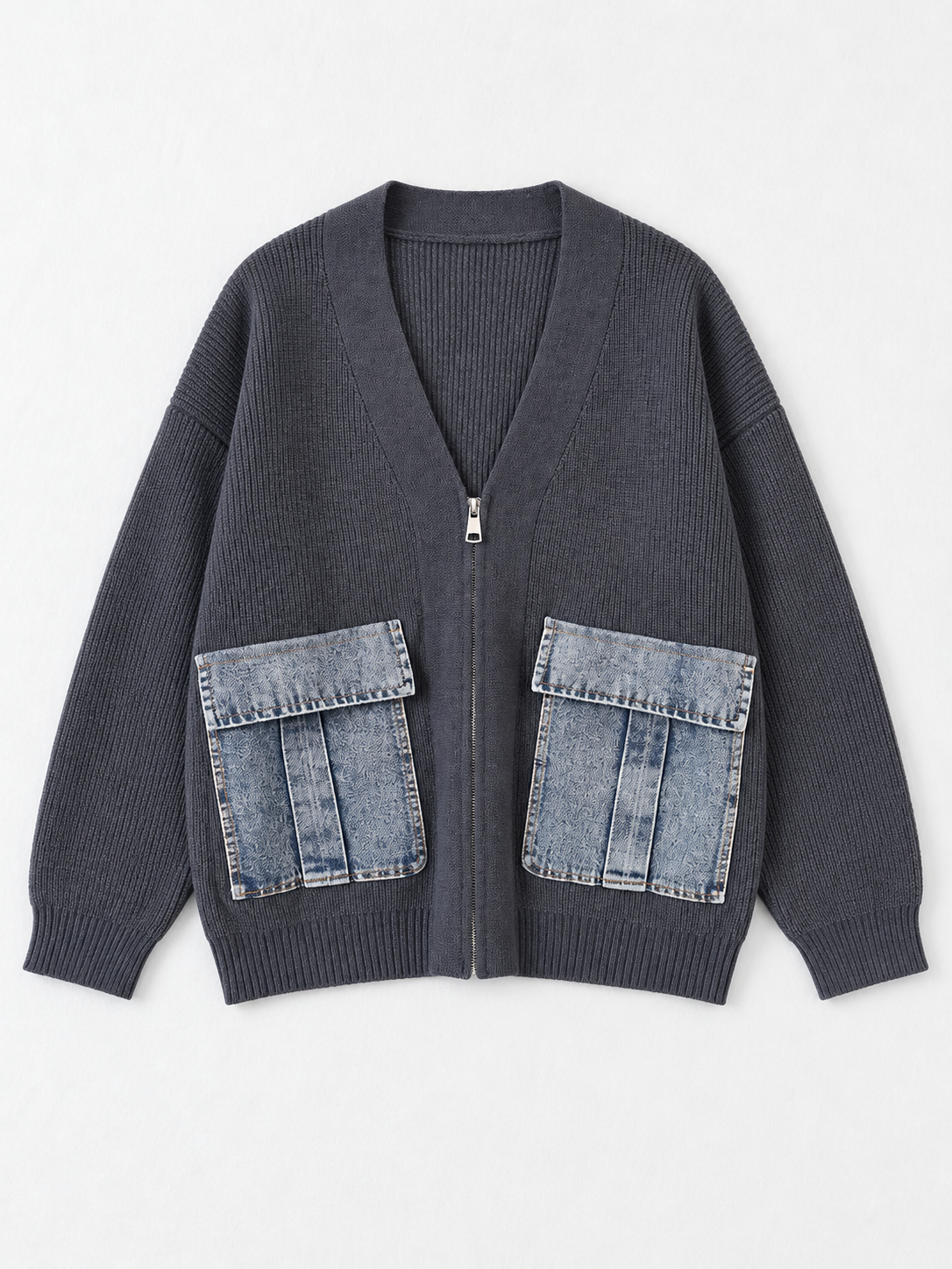 Denim-Pocket V-Neck Zip Cardigan