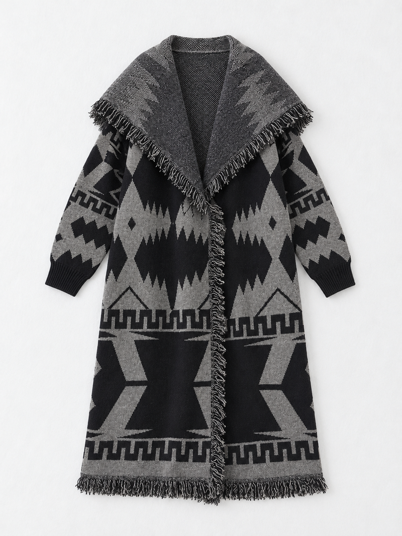 Geometric Fringed Long Cardigan